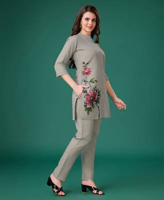  grey linen floral print causal co-ord set 2