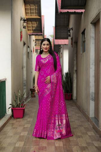 Pink Woven Design Bandhej Silk Saree With Blouse