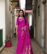 Pink Woven Design Bandhej silk blend Saree With Blouse