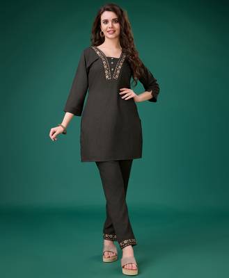  charcoal brown linen blend floral embroidered causal co-ord set 1