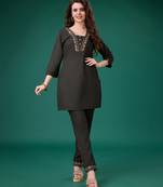  charcoal brown linen blend floral embroidered causal co-ord set