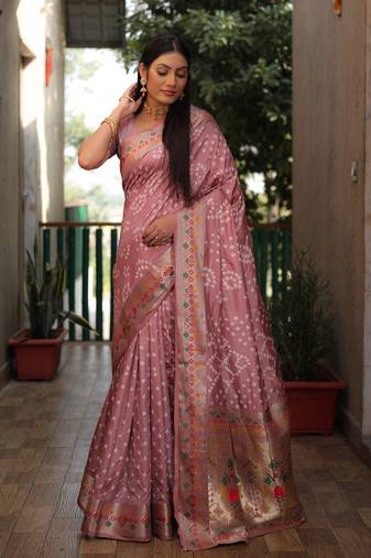 Sky Woven Design Bandhej Silk Saree With Blouse