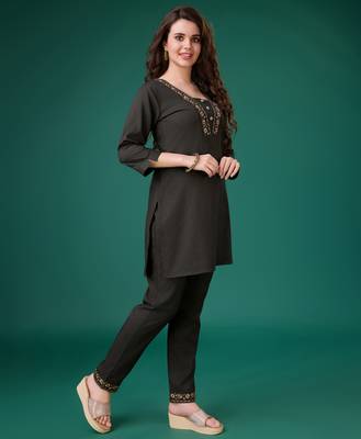  charcoal brown linen blend floral embroidered causal co-ord set 2