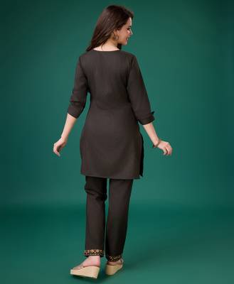  charcoal brown linen blend floral embroidered causal co-ord set 3
