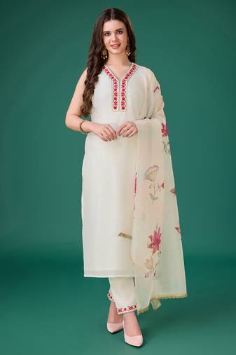 Mojilaa women's white vichitra silk embroidered kurta with pant & dupatta