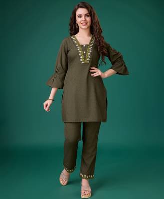  olive green linen blend floral embroidered causal co-ord set 1
