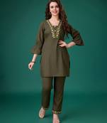  olive green linen blend floral embroidered causal co-ord set
