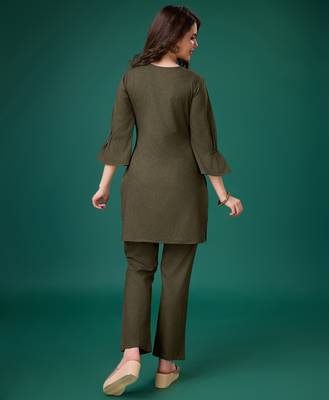  olive green linen blend floral embroidered causal co-ord set 3