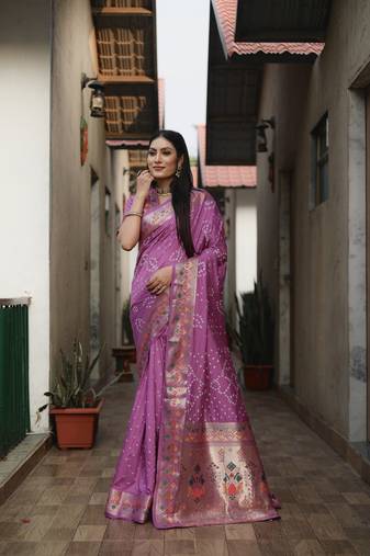 Light Purple Woven Design Bandhej Silk Saree With Blouse