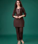  brown linen blend floral embroidered causal co-ord set