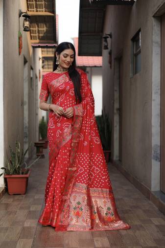 Red Woven Design Bandhej Silk Saree With Blouse