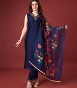  navy blue vichitra silk embroidered kurta with pant & dupatta
