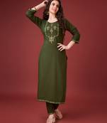  green linen blend embroidered kurta with pant