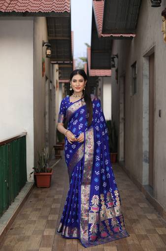 Blue Woven Design Bandhej Silk Saree With Blouse