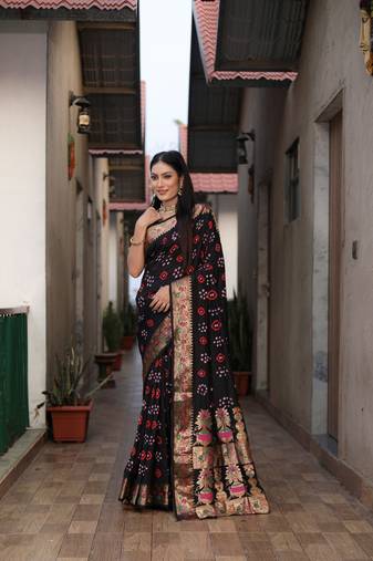 Black Woven Design Bandhej Silk Saree With Blouse