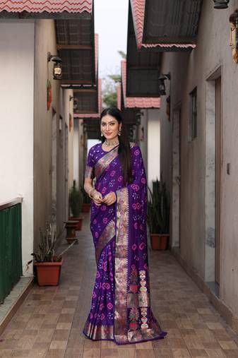 Purple Woven Design Bandhej Silk Saree With Blouse