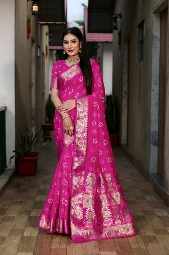 Pink Woven Design Bandhej Silk Saree With Blouse