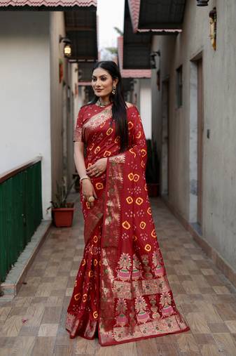Red Woven Design Bandhej Silk Saree With Blouse
