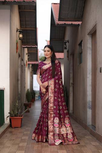 Wine Woven Design Bandhej Silk Saree With Blouse