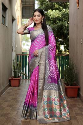 Light Pink And Grey Woven Design Bandhej silk blend Saree With Blouse 1