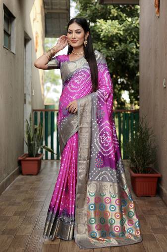 Light Pink And Grey Woven Design Bandhej silk blend Saree With Blouse