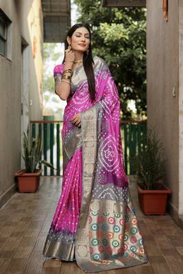 Light Pink And Grey Woven Design Bandhej silk blend Saree With Blouse 2