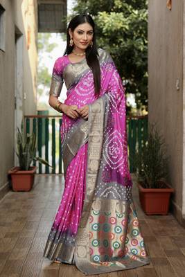 Light Pink And Grey Woven Design Bandhej silk blend Saree With Blouse 3