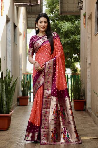 Peach And Wine Woven Design Bandhej Silk Saree With Blouse