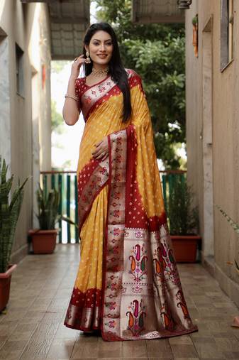 Yellow And Red Woven Design Bandhej Silk Saree With Blouse