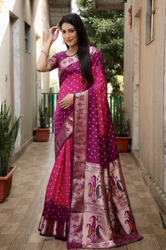 Pink And Wine Woven Design Bandhej Silk Saree With Blouse