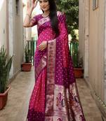 Pink And Wine Woven Design Bandhej silk blend Saree With Blouse