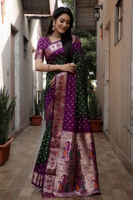 Green And Purple Woven Design Bandhej silk blend Saree With Blouse 1