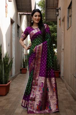 Green And Purple Woven Design Bandhej silk blend Saree With Blouse 2