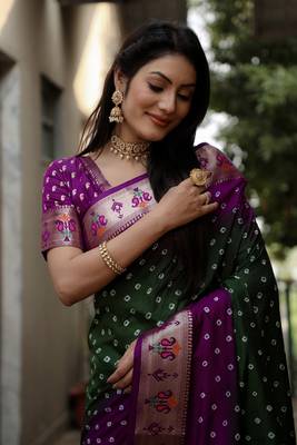 Green And Purple Woven Design Bandhej silk blend Saree With Blouse 4