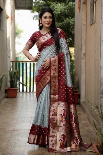 Grey And Maroon Woven Design Bandhej Silk Saree With Blouse