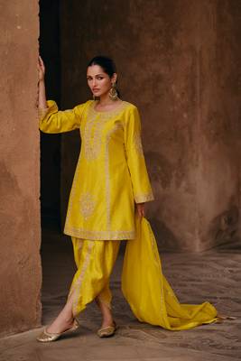 Yellow Embroidered Chinnon Silk Stitched Punjabi Salwar Suit Up To 42" Size 1