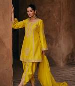 Yellow Embroidered Chinnon Silk Stitched Punjabi Salwar Suit Up To 42" Size