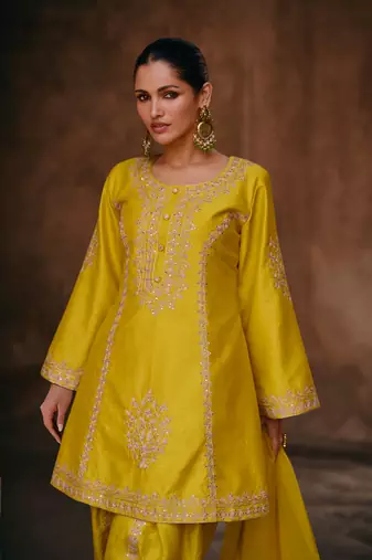 Yellow Embroidered Chinnon Silk Stitched Punjabi Salwar Suit Up To 42" Size