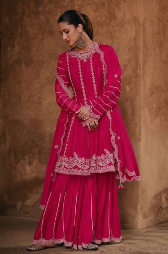 Pink Embroidered Silk Stitched Anarkali Suit. Free size full stitched Up To 42" Size