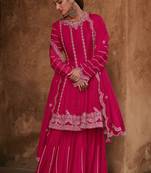 Pink Embroidered Silk Stitched Anarkali Suit. Free size full stitched Up To 42" Size