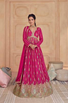 Pink Embroidered Georgette Stitched Gown Suit. (Size Upto 42) 1