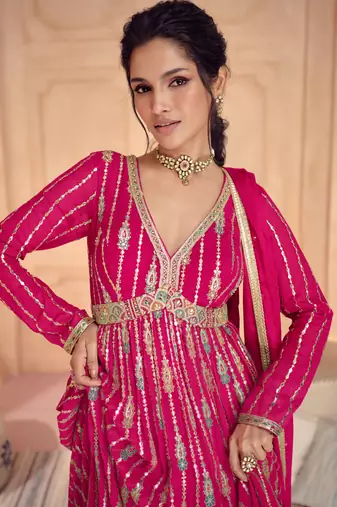 Pink Embroidered Georgette Stitched Gown Suit. (Size Upto 42)