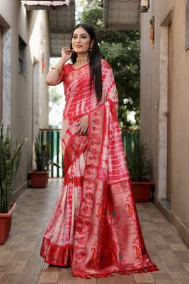 Red Woven Design Pure Shibori Silk  Saree With Blouse 1