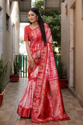 Red Woven Design Pure Shibori Silk  Saree With Blouse 2