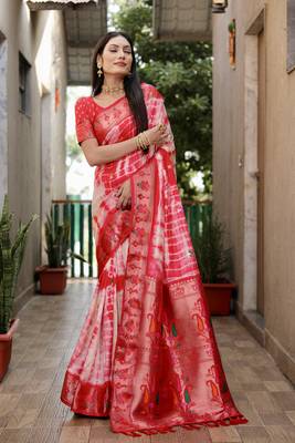 Red Woven Design Pure Shibori Silk  Saree With Blouse 3
