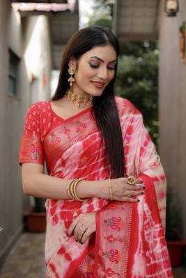Red Woven Design Pure Shibori Silk  Saree With Blouse 4
