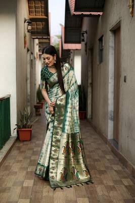 Green Woven Design Pure Shibori Silk  Saree With Blouse 1