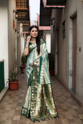 Green Woven Design Pure Shibori Silk  Saree With Blouse 3