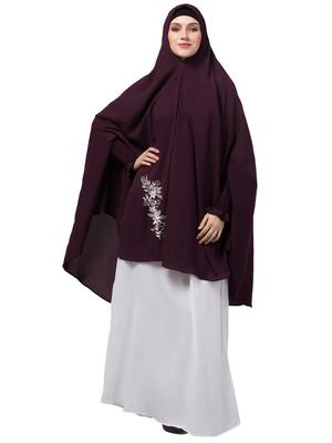 nazneen stretchable nida jilbab khimar - embroidered front, wine, full sleeve 1