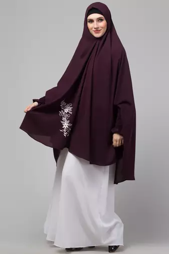 nazneen stretchable nida jilbab khimar - embroidered front, wine, full sleeve